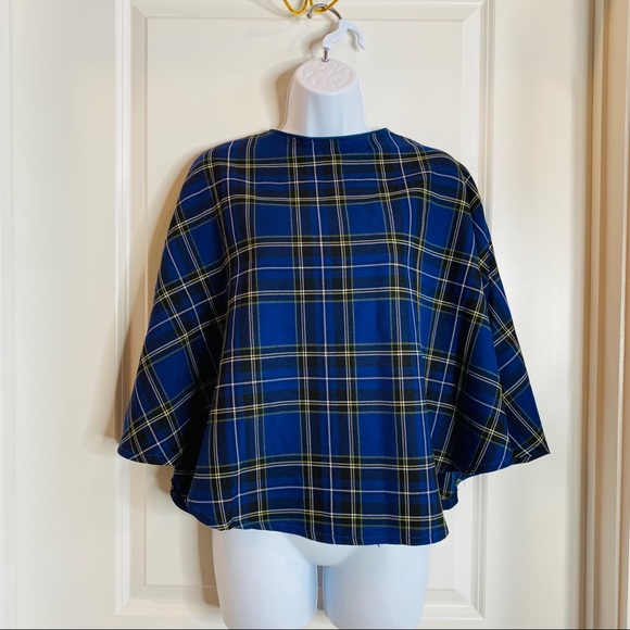 Vintage Beautiful Handmade Blue Tartan Cape Shawl - Picture 7 of 10